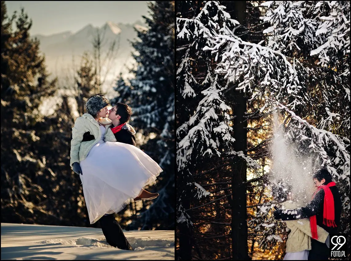 zimowa sesja ślubna w górach,plener ślubny czarna góra