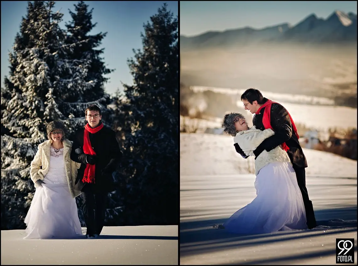zimowa sesja ślubna w górach,plener ślubny czarna góra