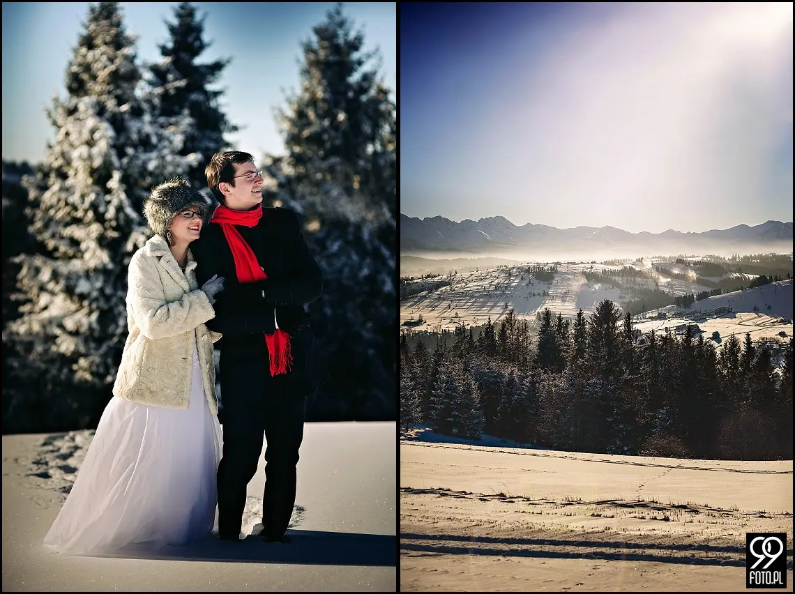 zimowa sesja ślubna w górach,plener ślubny czarna góra