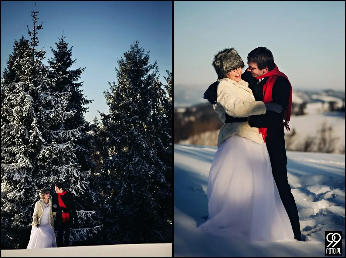 zimowa sesja ślubna w górach,plener ślubny czarna góra