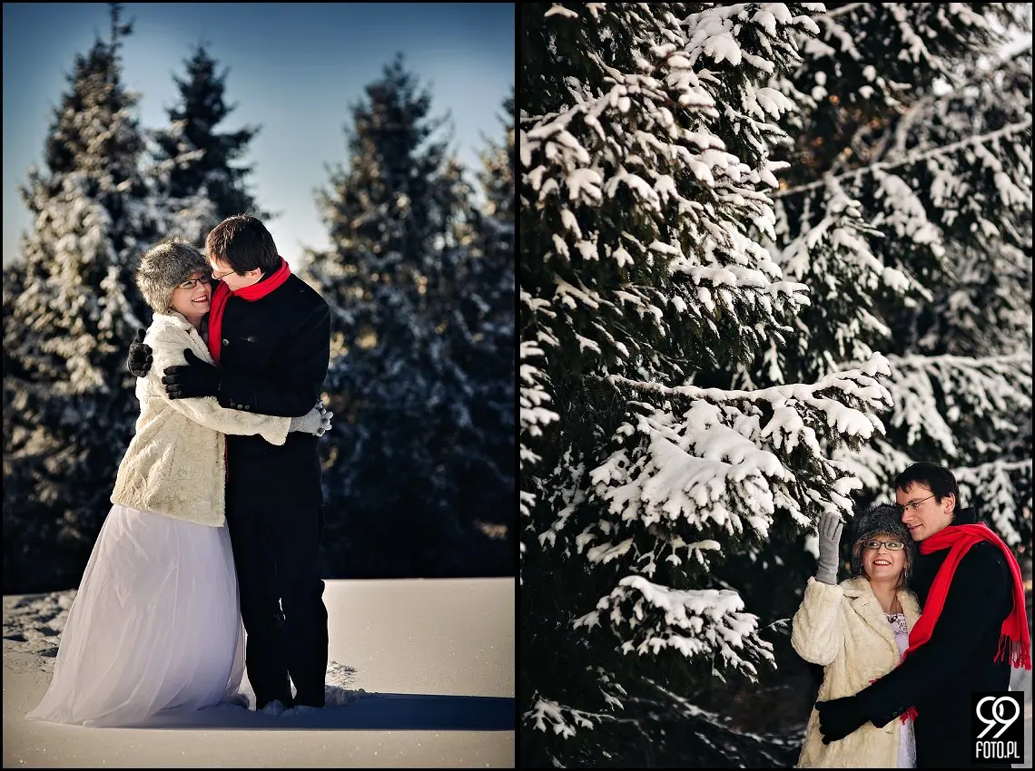 zimowa sesja ślubna w górach,plener ślubny czarna góra