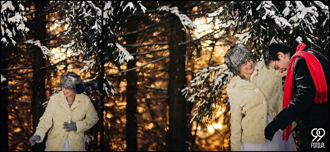 zimowa sesja ślubna w górach,plener ślubny czarna góra