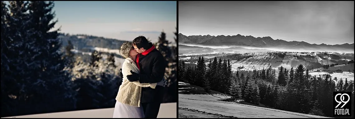 zimowa sesja ślubna w górach,plener ślubny czarna góra