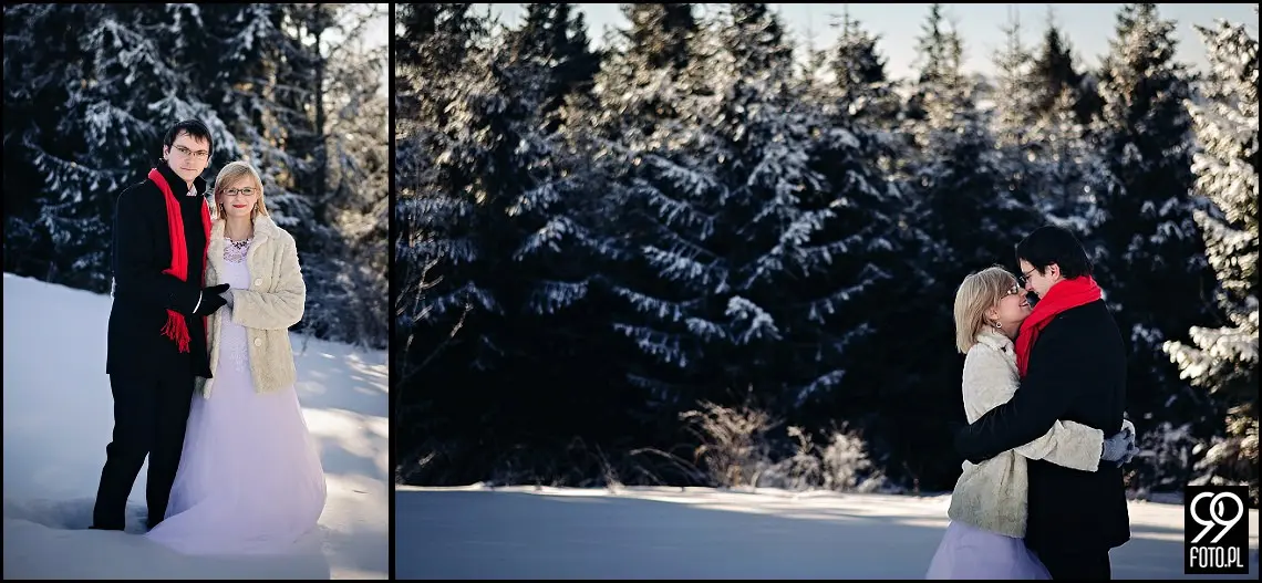 zimowa sesja ślubna w górach,plener ślubny czarna góra