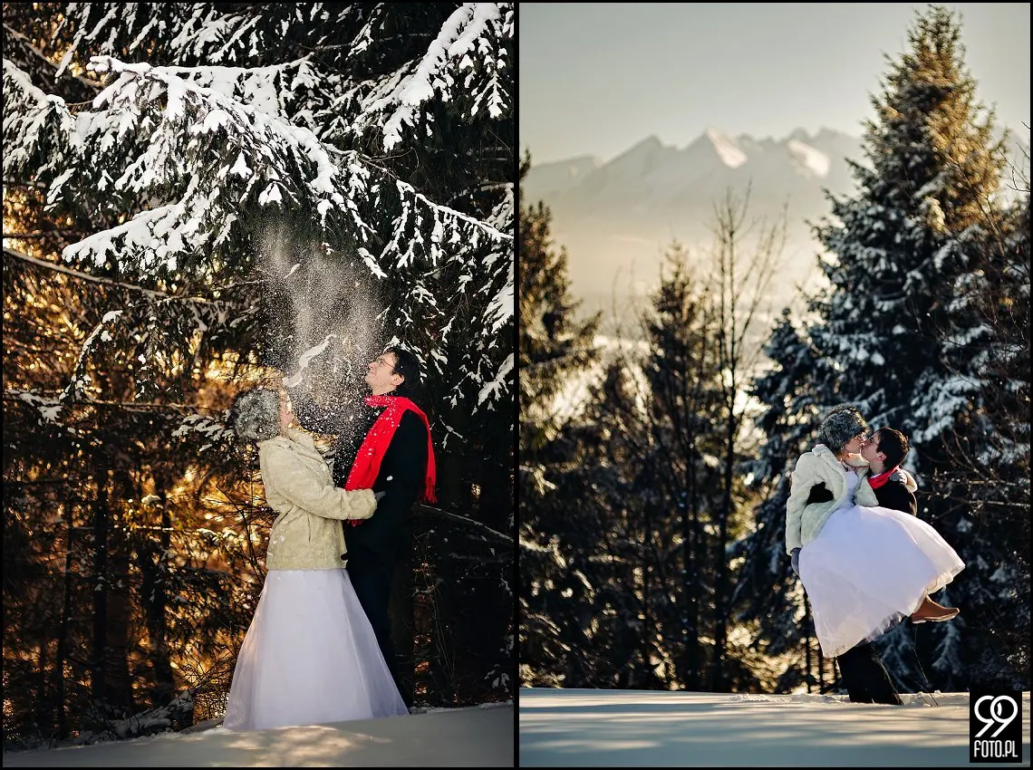 zimowa sesja ślubna w górach,plener ślubny czarna góra