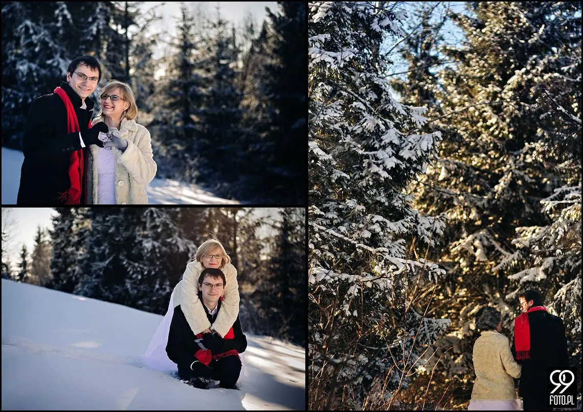 zimowa sesja ślubna w górach,plener ślubny czarna góra