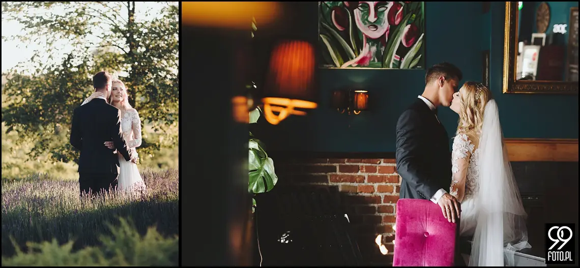 wesele w bystrej, ogród pełen lawendy klimontów, plener o zachodzie słońca