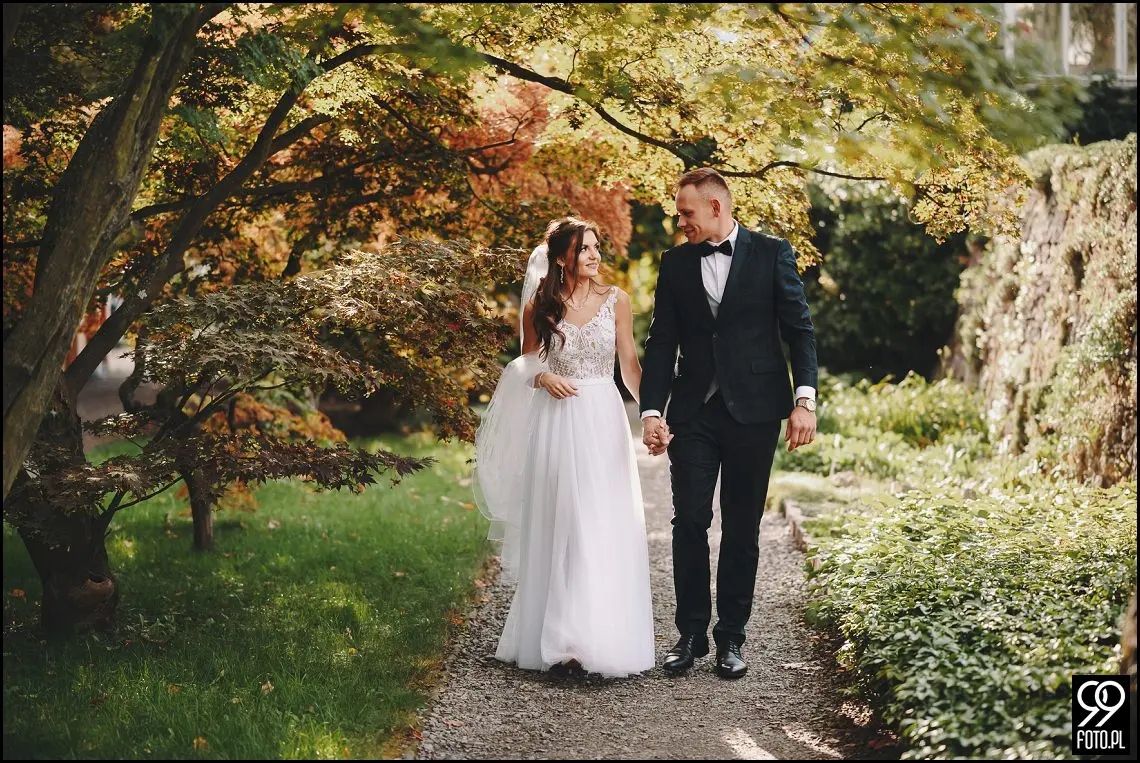 plener ślubny w Ogrodzie Botanicznym, zakochani w Krakowie, ślubna sesja zdjęciowa jesienią